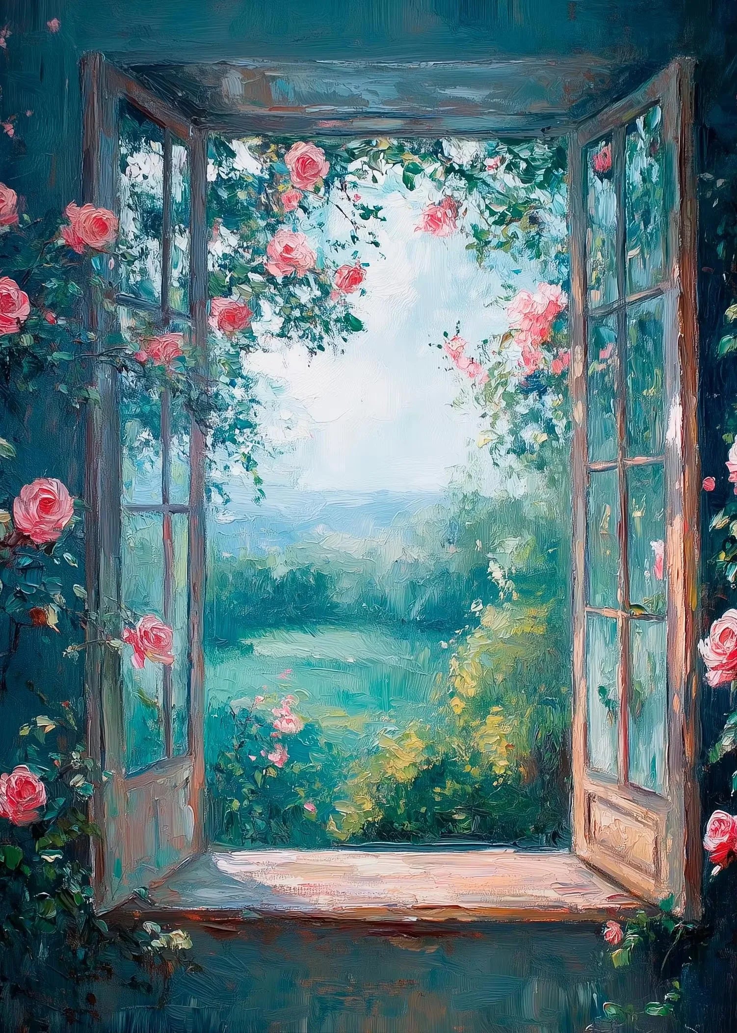 Open window with floral decorations looking out onto a garden