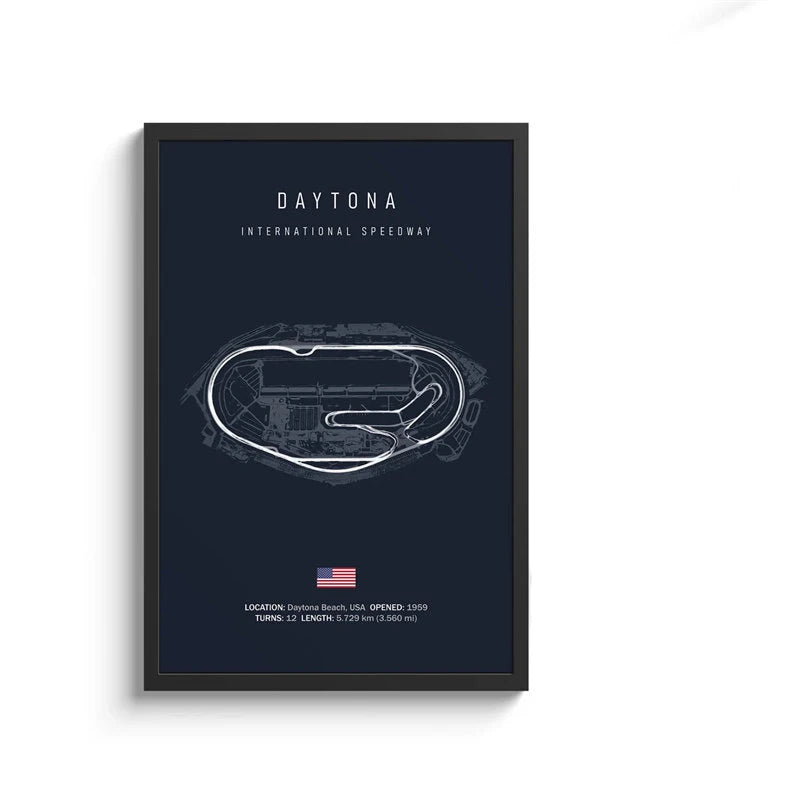 Framed poster of Daytona International Speedway layout on a dark blue background