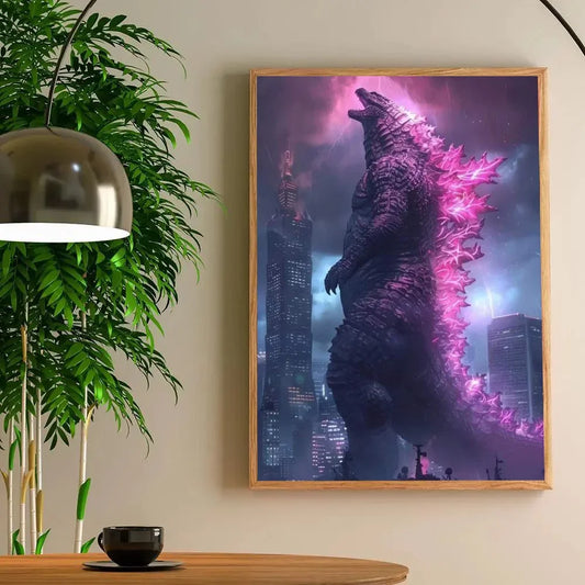 Framed artwork of Godzilla in a cityscape with a plant and table lamp in the foreground. Canvas & Curio