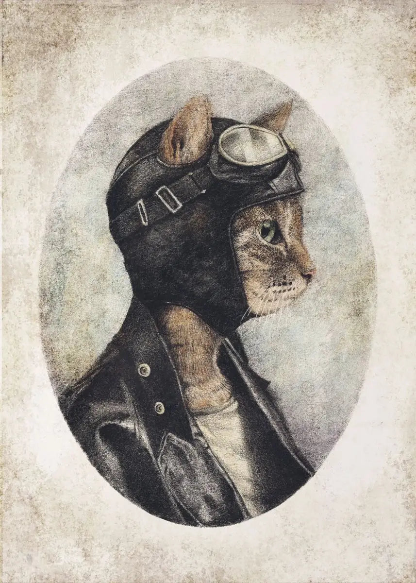 Cat wearing a helmet and goggles in an oval frame on a textured background