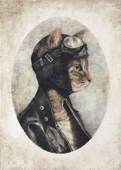 Cat wearing a helmet and goggles in an oval frame on a textured background