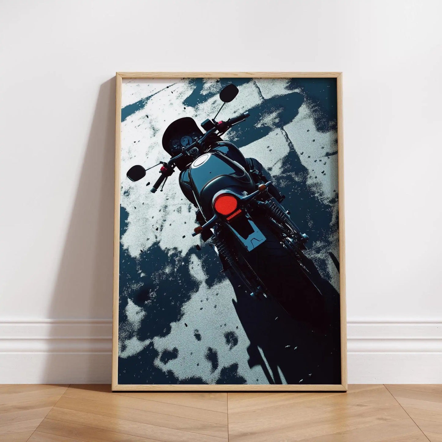 Framed artwork of a motorcycle on a textured background