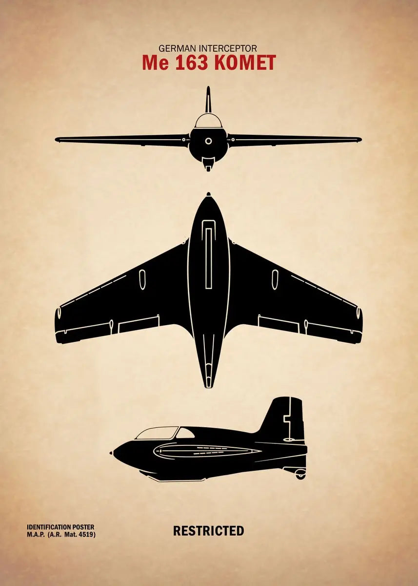 Black silhouette of a German interceptor Me 163 Komet on a beige background with text.