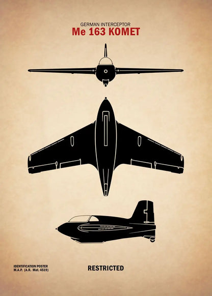 Black silhouette of a German interceptor Me 163 Komet on a beige background with text.