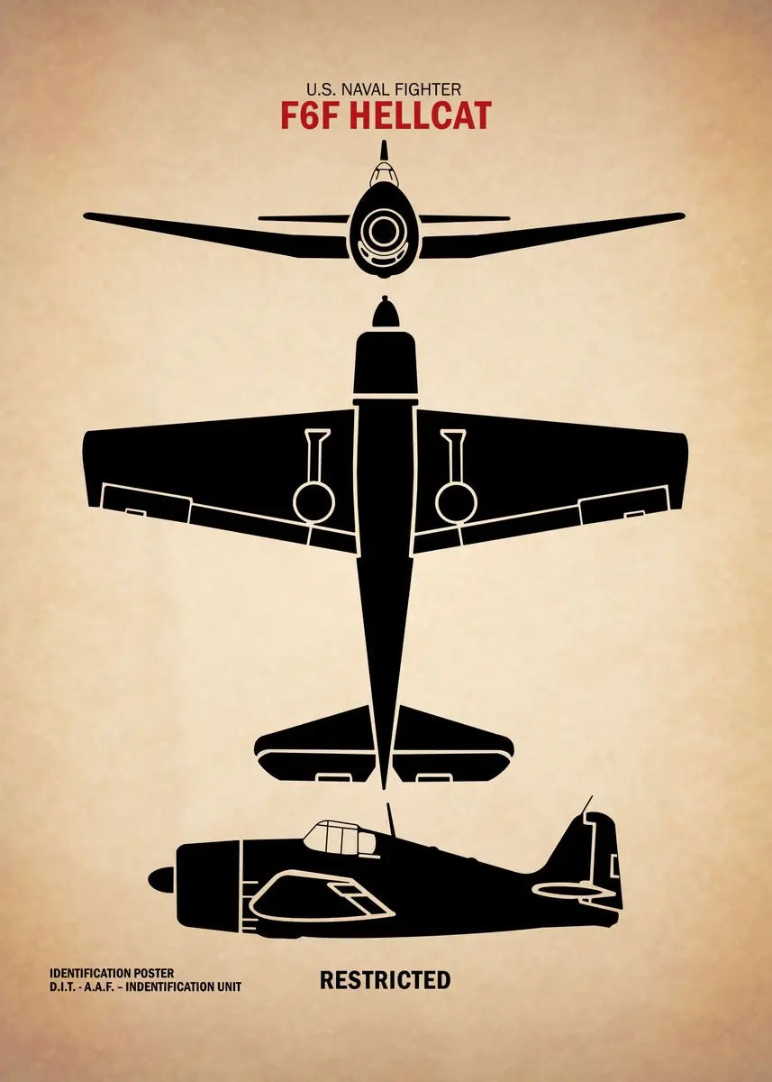 Black silhouette of a U.S. Naval Fighter F6F Hellcat on a beige background with text.