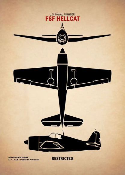 Black silhouette of a U.S. Naval Fighter F6F Hellcat on a beige background with text.