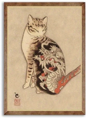 Framed artwork of a cat with a tattoo design on its body, resembling a dragon.