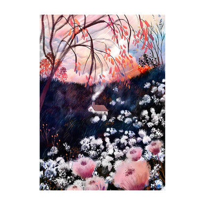 Painting of a landscape with trees and flowers at sunset.