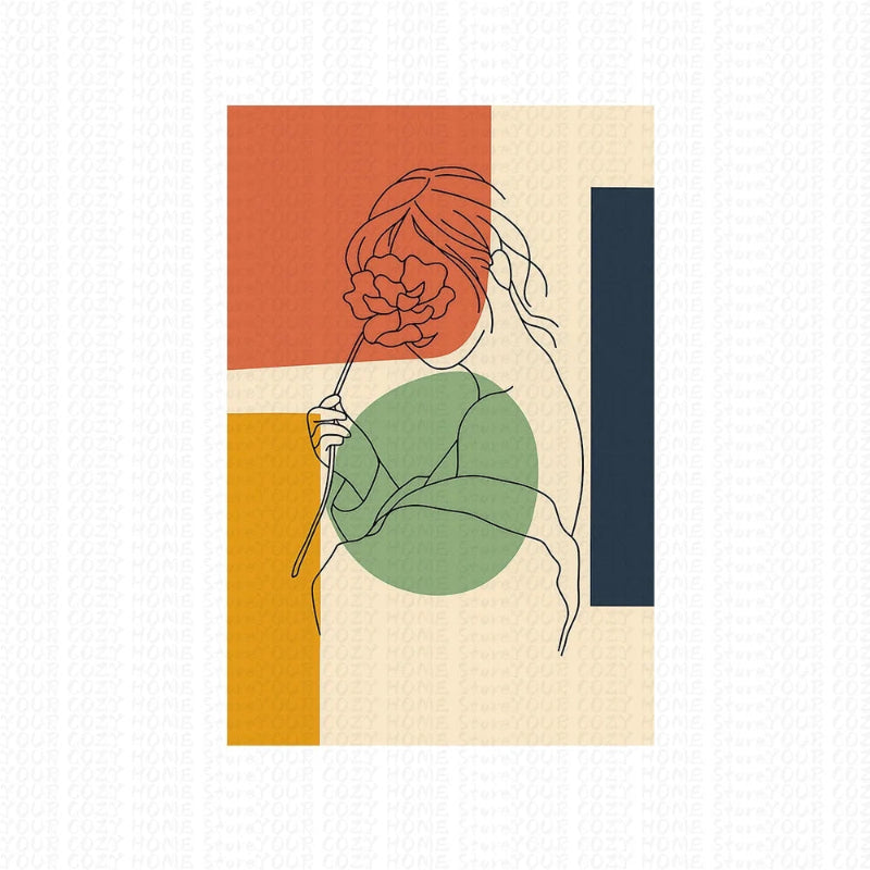 Artistic illustration of a woman holding a flower against a colorful geometric background