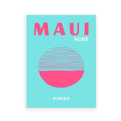 Maui Surf Hawaii poster with pink and blue design on a light blue background