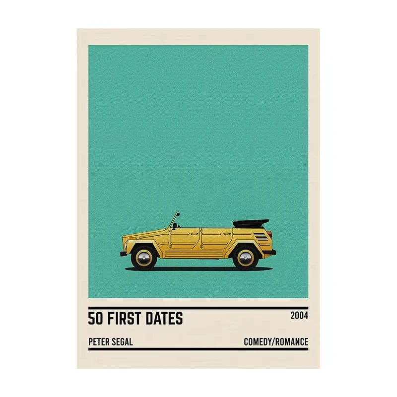 Poster of a yellow car on a teal background with text about the movie '50 First Dates'.
