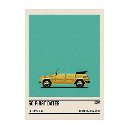 Poster of a yellow car on a teal background with text about the movie '50 First Dates'.