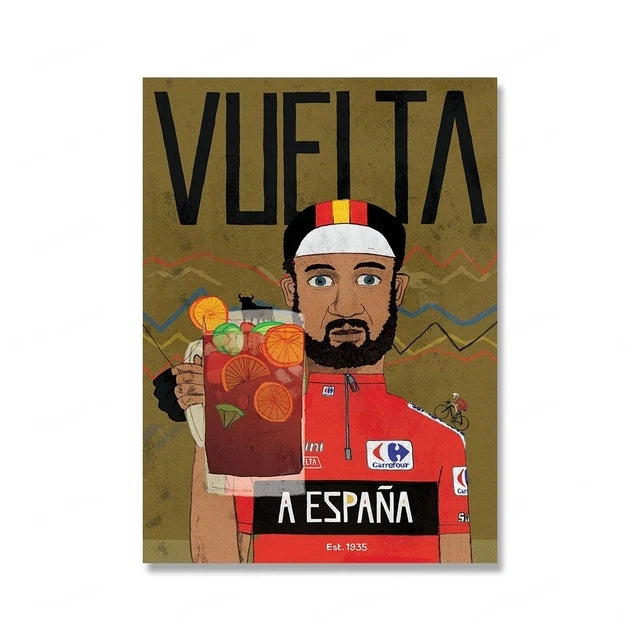 Illustration of a cyclist holding a drink with 'Vuelta a Espana' text on a brown background