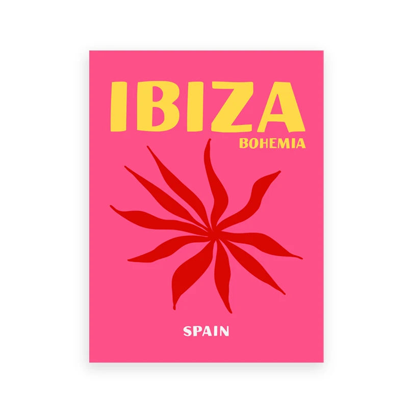 Poster with 'IBIZA BOHEMIA' text and red flower design on a pink background