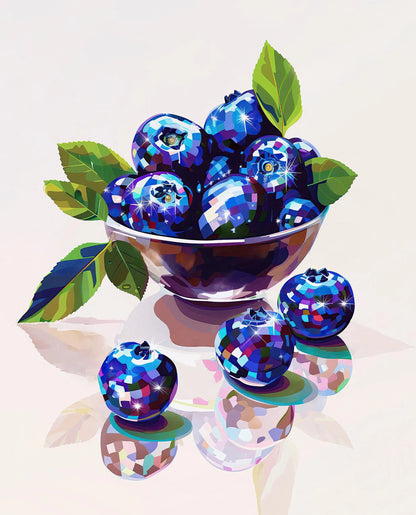 Bowl of blueberries with disco ball effect on a reflective surface