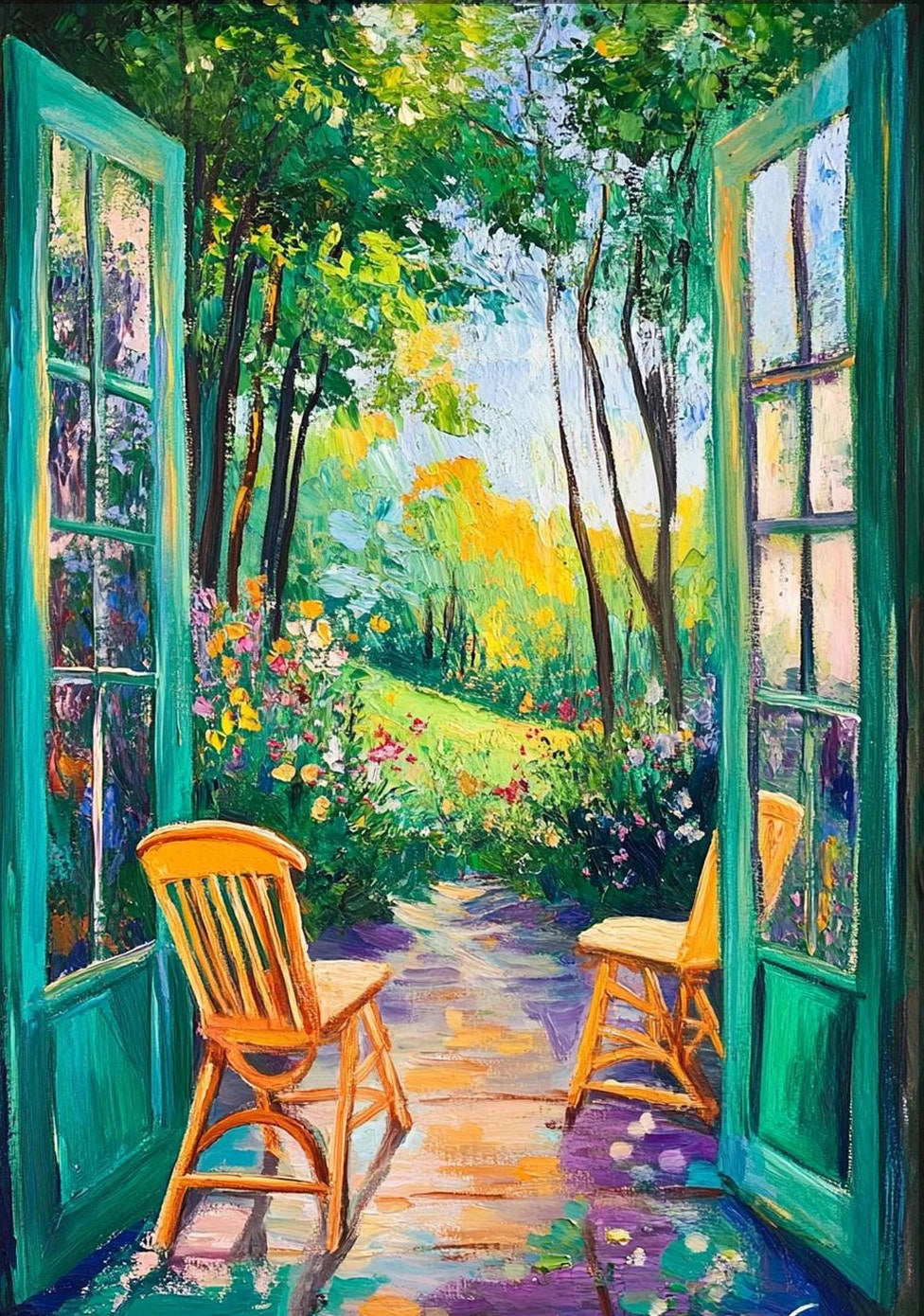Painting of an open door leading to a garden with chairs and flowers