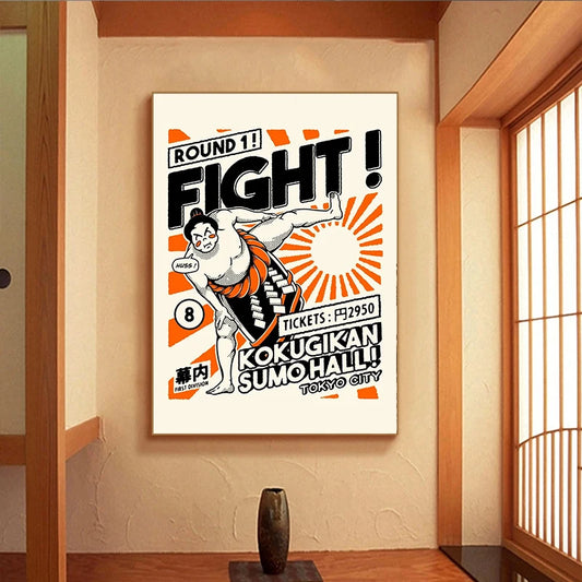 Framed sumo wrestling poster on a wall in a room with wooden flooring and sliding doors. Canvas & Curio