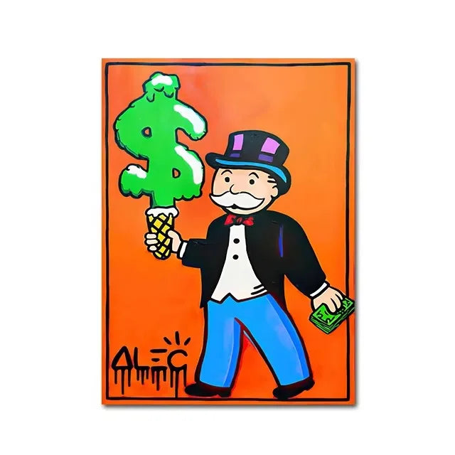Cartoon character holding a large green dollar sign on an orange background, with 'Alec' signature at the bottom.