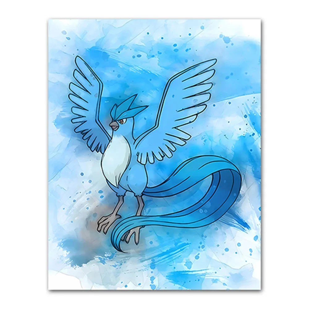 Blue and white bird-like creature on a blue watercolor background