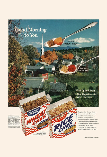 Vintage advertisement for Wheat Chex and Rice Chex cereals with a scenic background.
