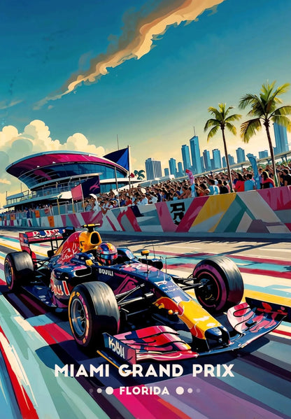 Futuristic race car on a colorful track with palm trees and city skyline in the background, labeled 'Miami Grand Prix Florida'.