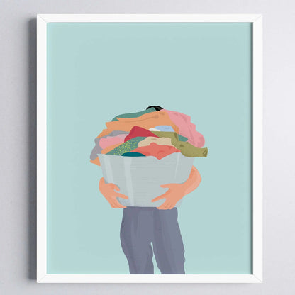 Framed artwork of a person holding a bowl filled with colorful items against a light blue background.