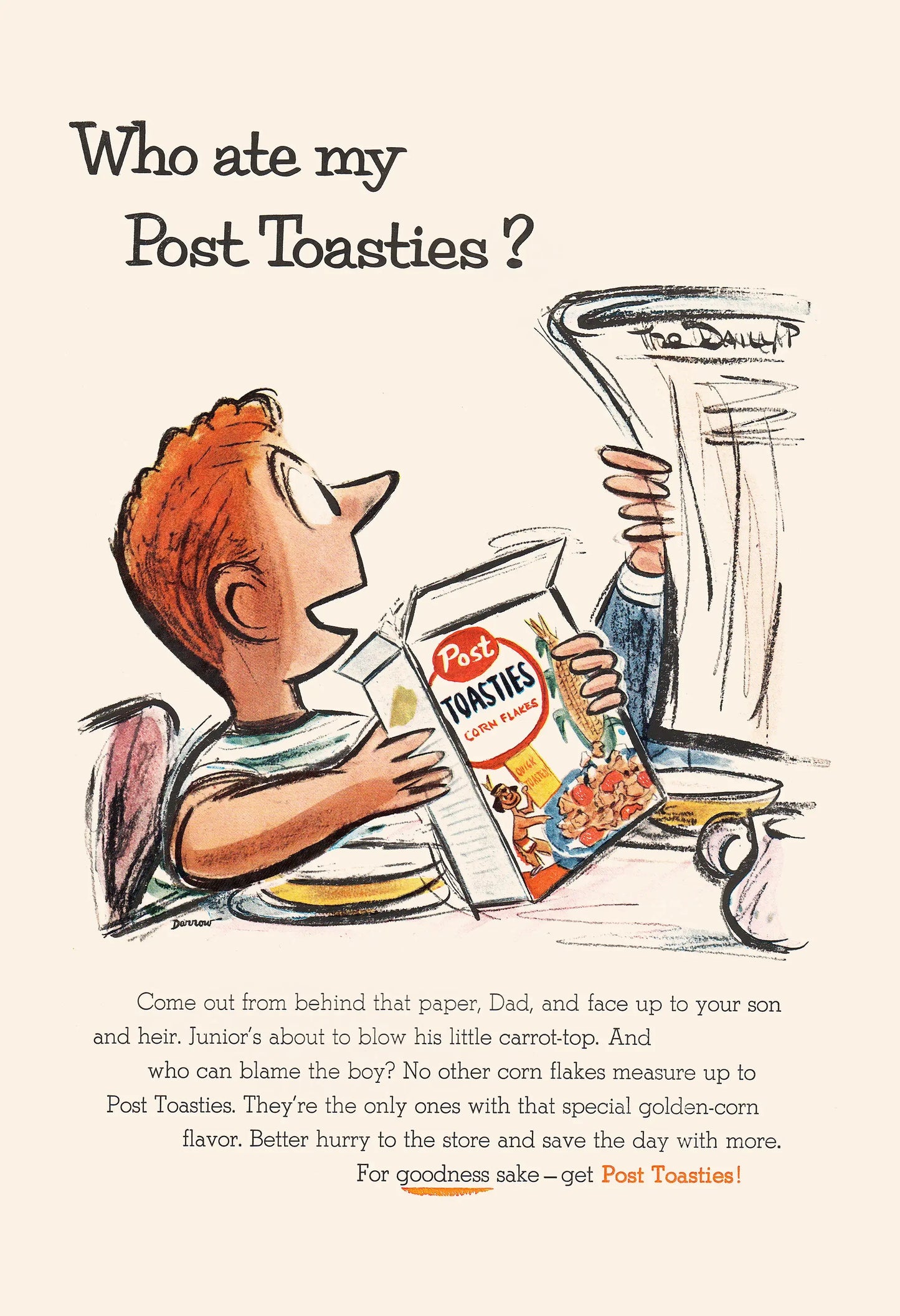 Vintage-style advertisement featuring a child with a Post Toasties cereal box and a glass of milk.