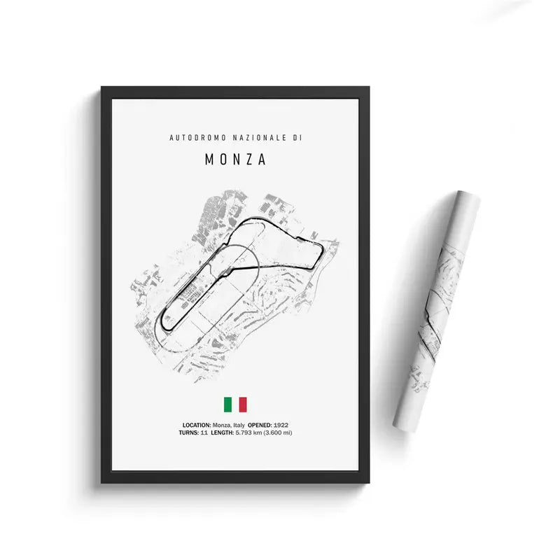 Framed poster of Autodromo Nazionale di Monza with a map and Italian flag on a white background.