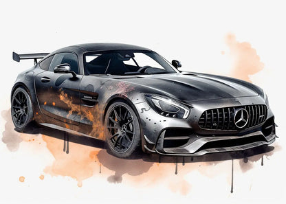 Black Mercedes-Benz sports car with artistic watercolor effects on a white background