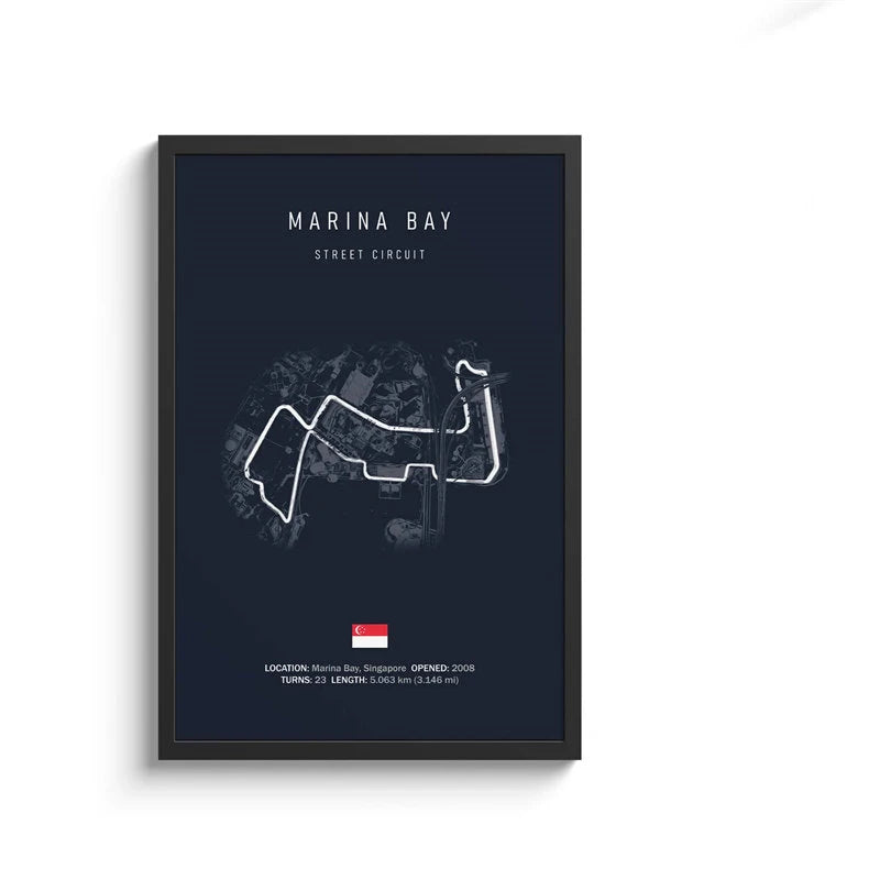 Framed poster of Marina Bay Street Circuit with circuit layout and details on a dark blue background.