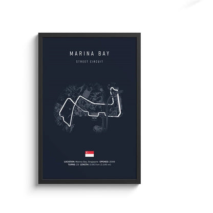 Framed poster of Marina Bay Street Circuit with circuit layout and details on a dark blue background.