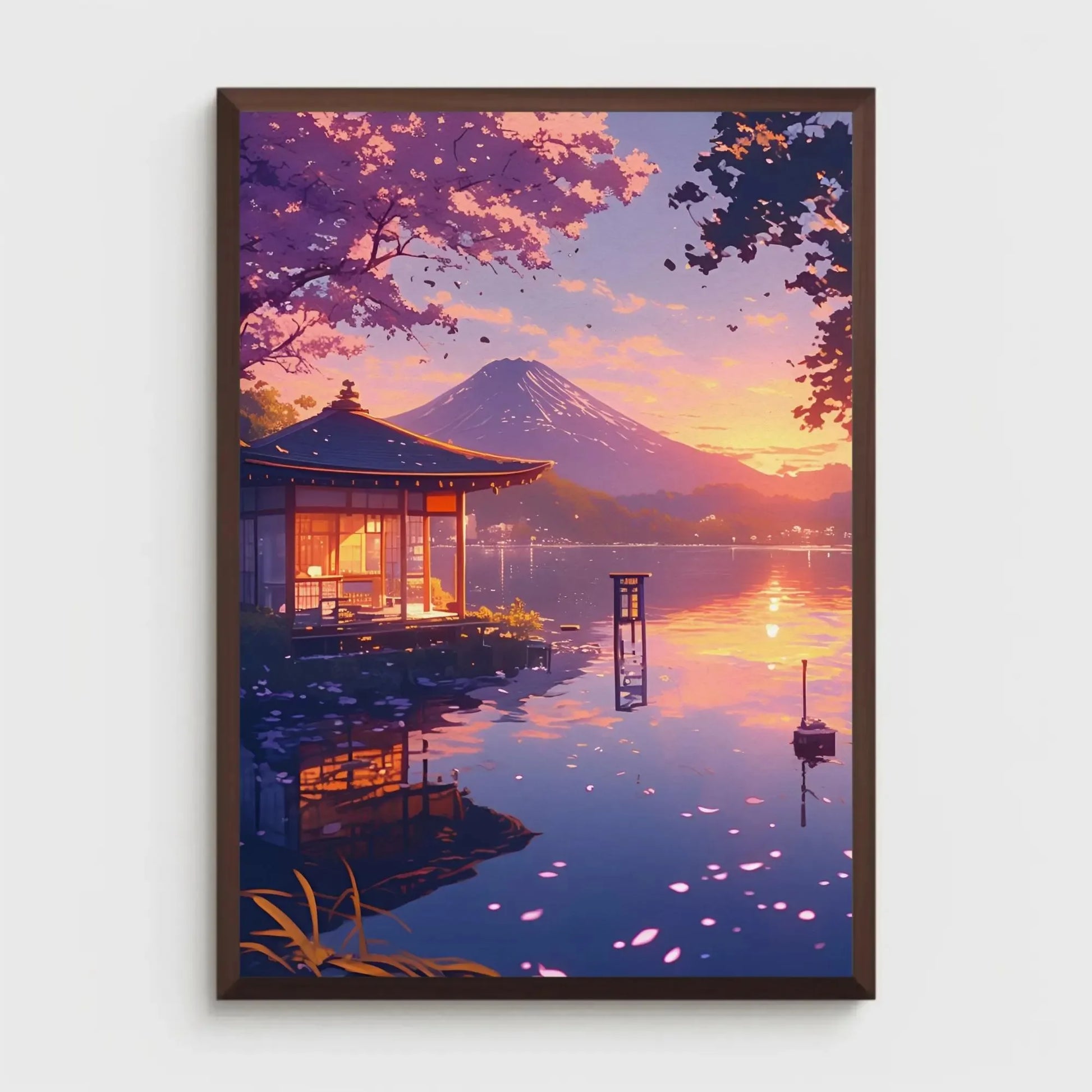 Framed artwork of a serene lakeside scene with a pagoda and Mount Fuji at sunset.