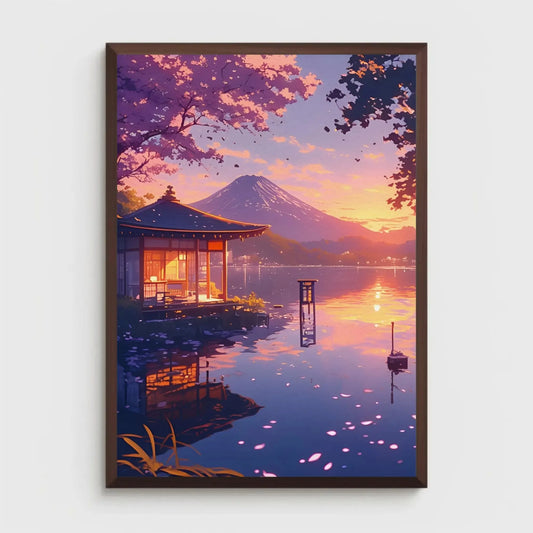 Framed artwork of a serene lakeside scene with a pagoda and Mount Fuji at sunset. Canvas & Curio