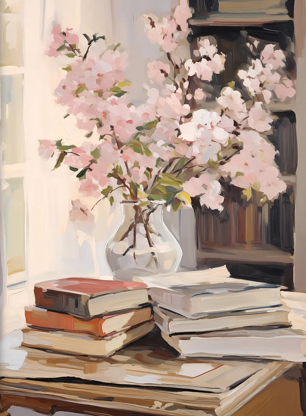 Still life painting of books and a vase with pink flowers on a table.