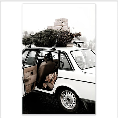 Vintage car with Christmas tree and gifts on a white background