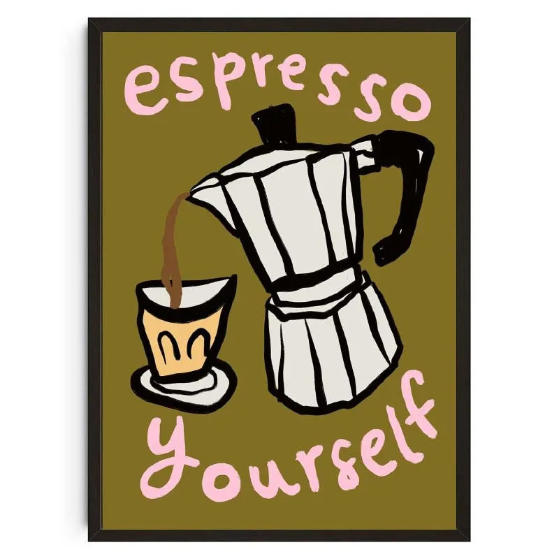Illustration of a Moka pot and coffee cup with 'espresso yourself' text on a green background