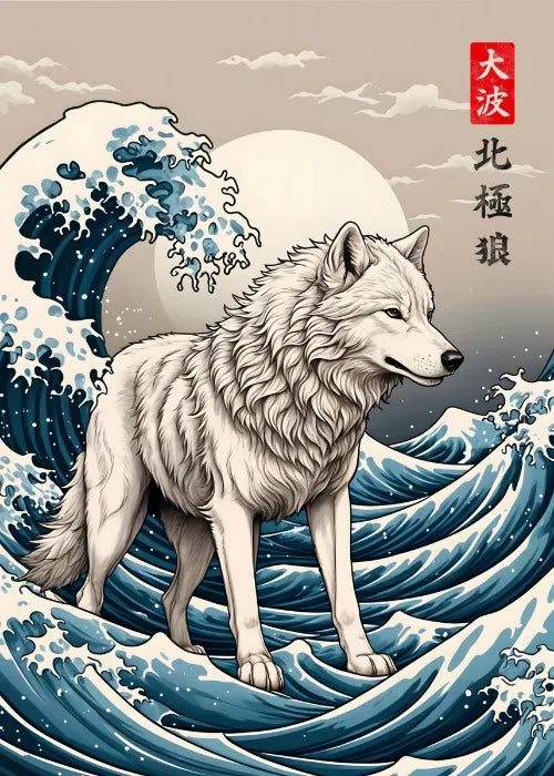 Wolf standing on waves with a stylized wave and moon in the background