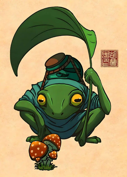 Illustration of a green frog character holding a leaf, with a beige background