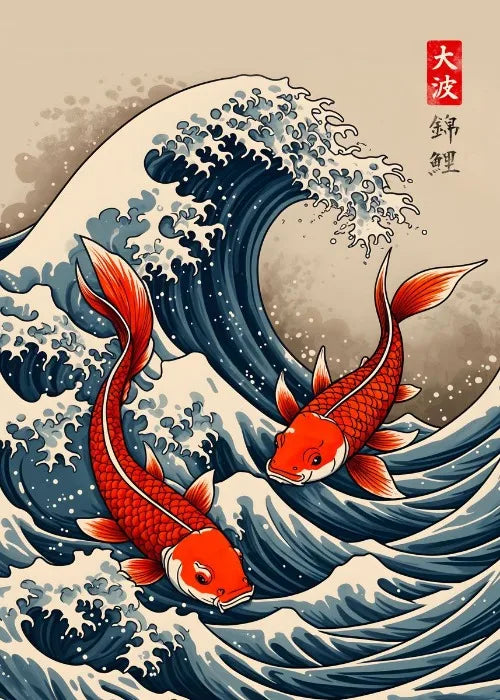 Two red koi fish swimming against a large wave with traditional Japanese art style.