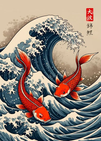 Two red koi fish swimming against a large wave with traditional Japanese art style.