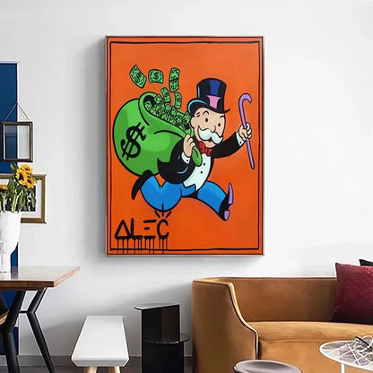 Framed artwork of a cartoon character with a money bag on an orange background in a living room.