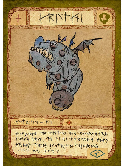 Cartoonish creature on a stylized card with text and decorative elements