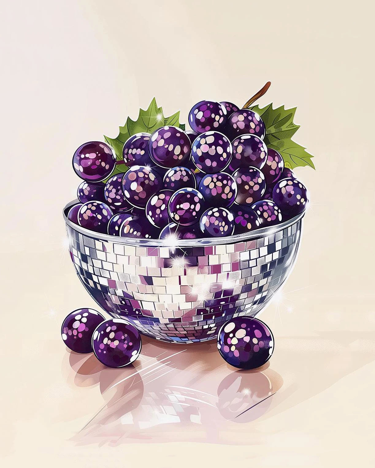 Purple grapes in a disco ball bowl on a beige background