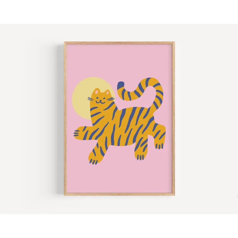 Framed artwork of a tiger on a pink background