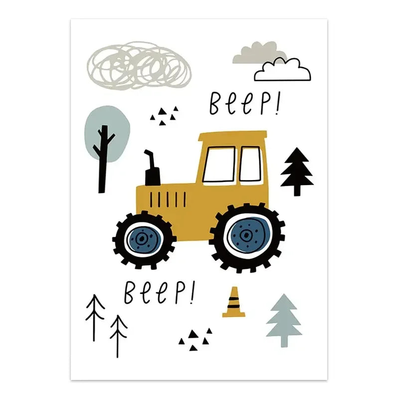 Children's illustration of a yellow tractor with 'Beep!' text, trees, and other elements on a white background.