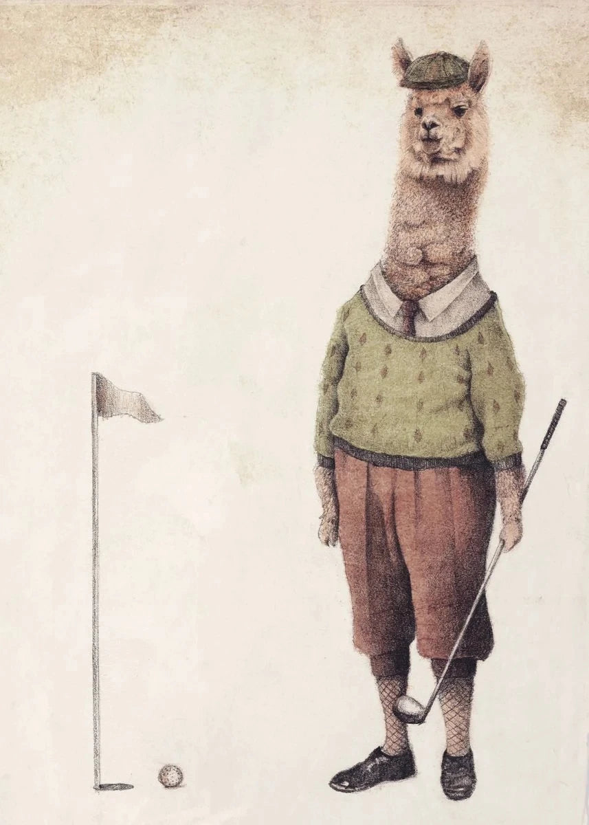 Illustration of a llama dressed in golf attire with a golf club and ball on a light background