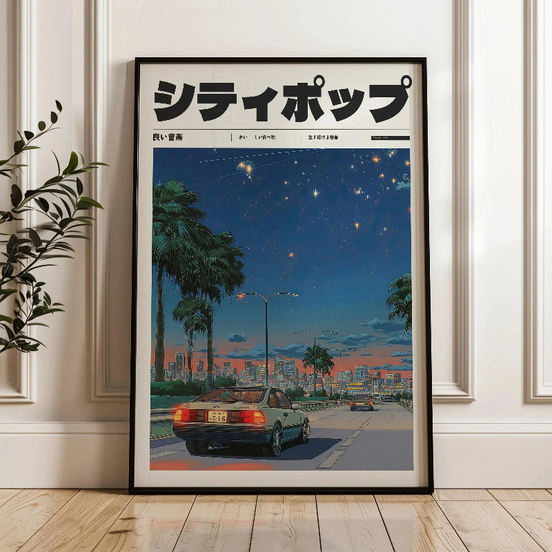 Framed poster of a cityscape with palm trees and cars under a starry sky, displayed on a wall.