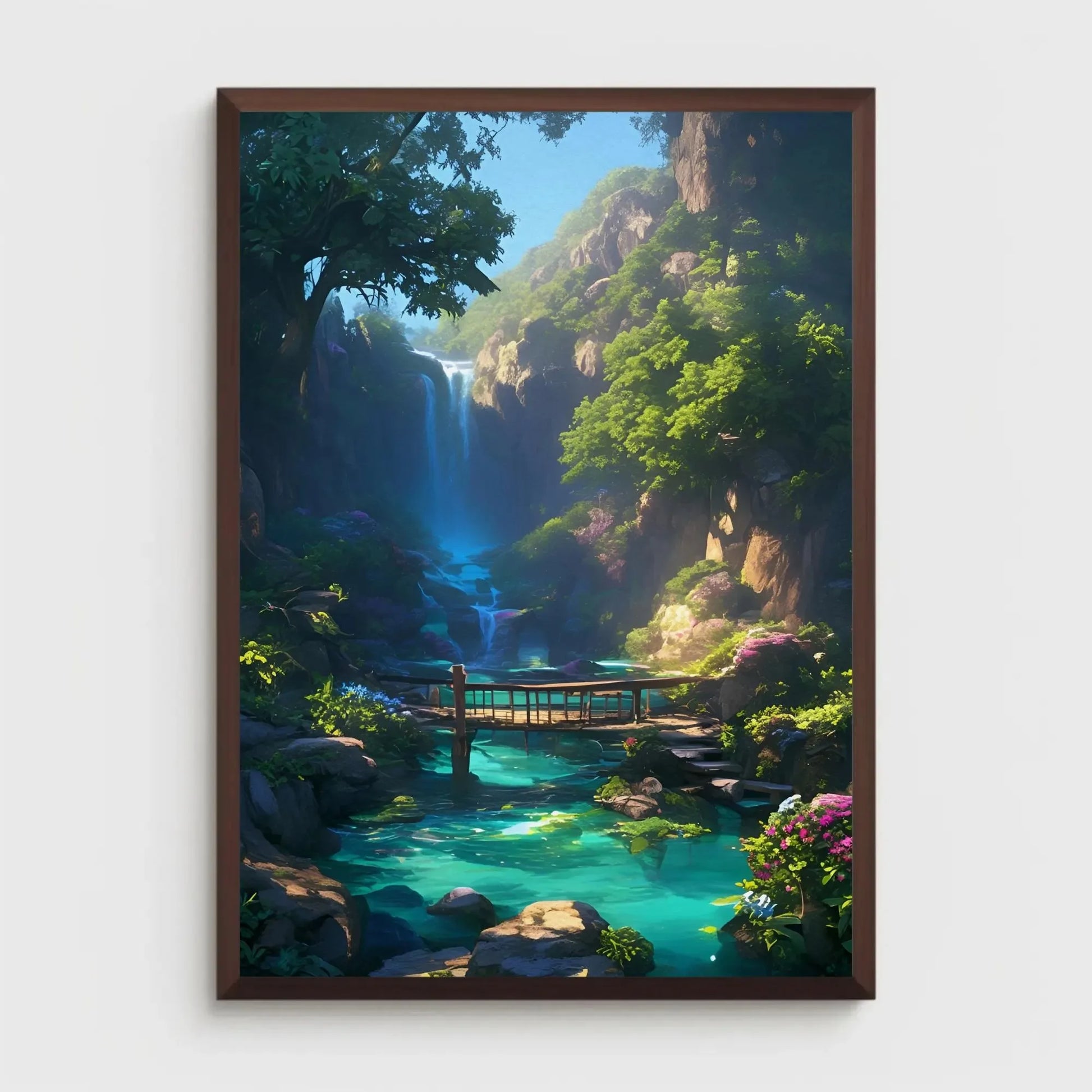 Framed artwork of a lush green landscape with a waterfall and bridge.