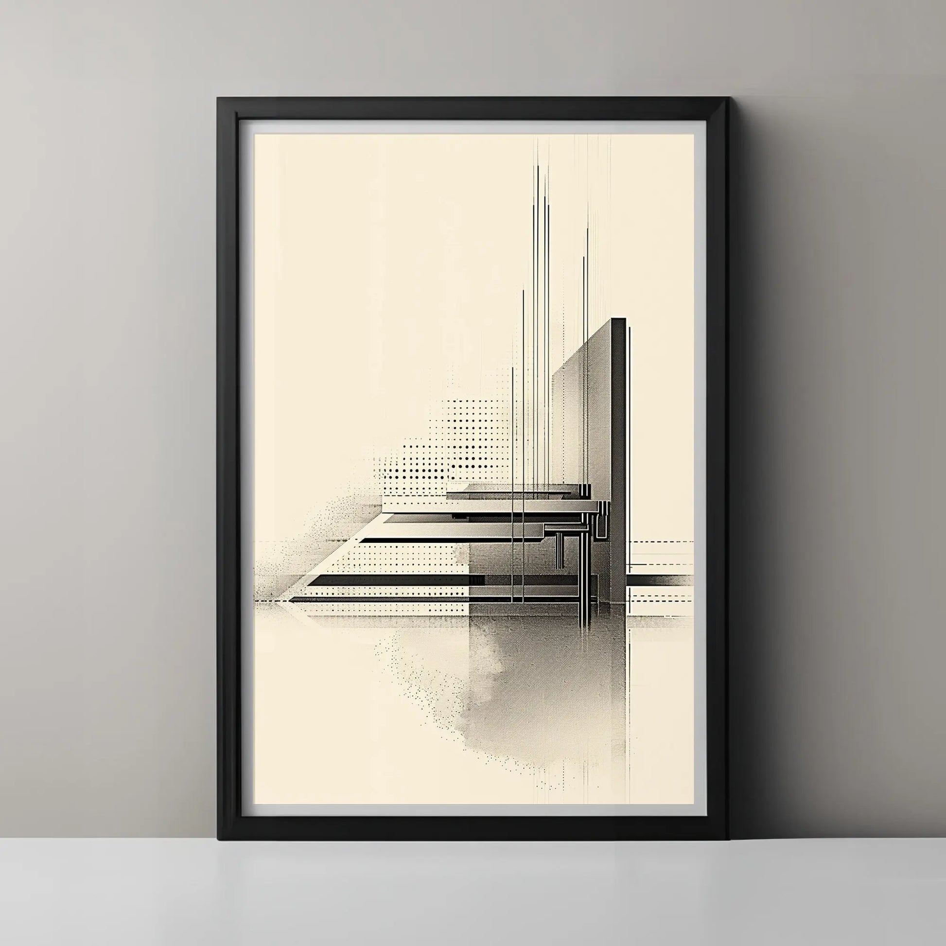 Framed abstract art print on a gray wall