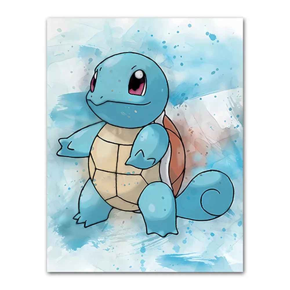 Illustration of a blue turtle-like character on a watercolor background